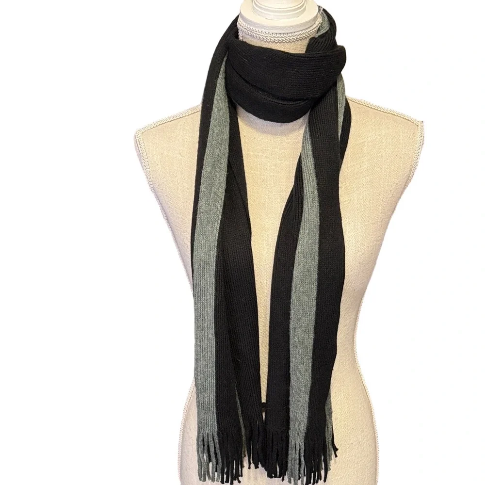 Black and Gray Contemporary Striped Men's Scarf with Fringe